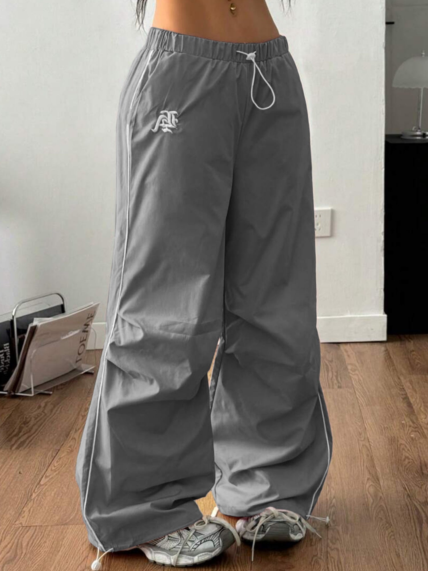 Striped Color Blocking Embroidery Elastic Waistband Drawstring Pocket Pants