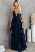 Halter Deep V-Neck Lace Floral Embroidered Empire Waist Backless Maxi Dress