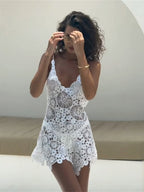 Lace Openwork Crochet Spaghetti Strap Short Dress
