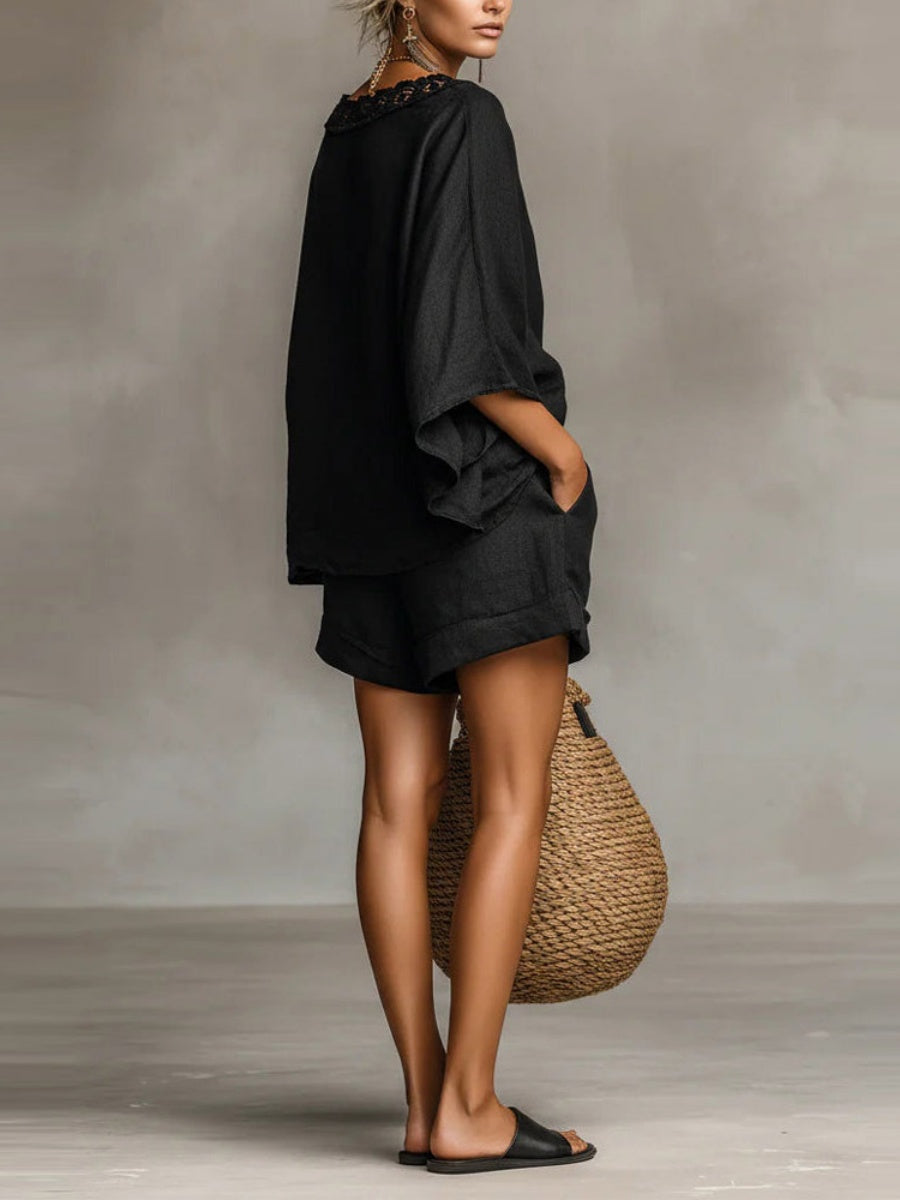 Simplicity Hood Batwing Sleeves T-shirts Bandage Loose-fit Stylish Shorts Set 2-piece Sets