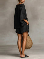 Simplicity Hood Batwing Sleeves T-shirts Bandage Loose-fit Stylish Shorts Set 2-piece Sets