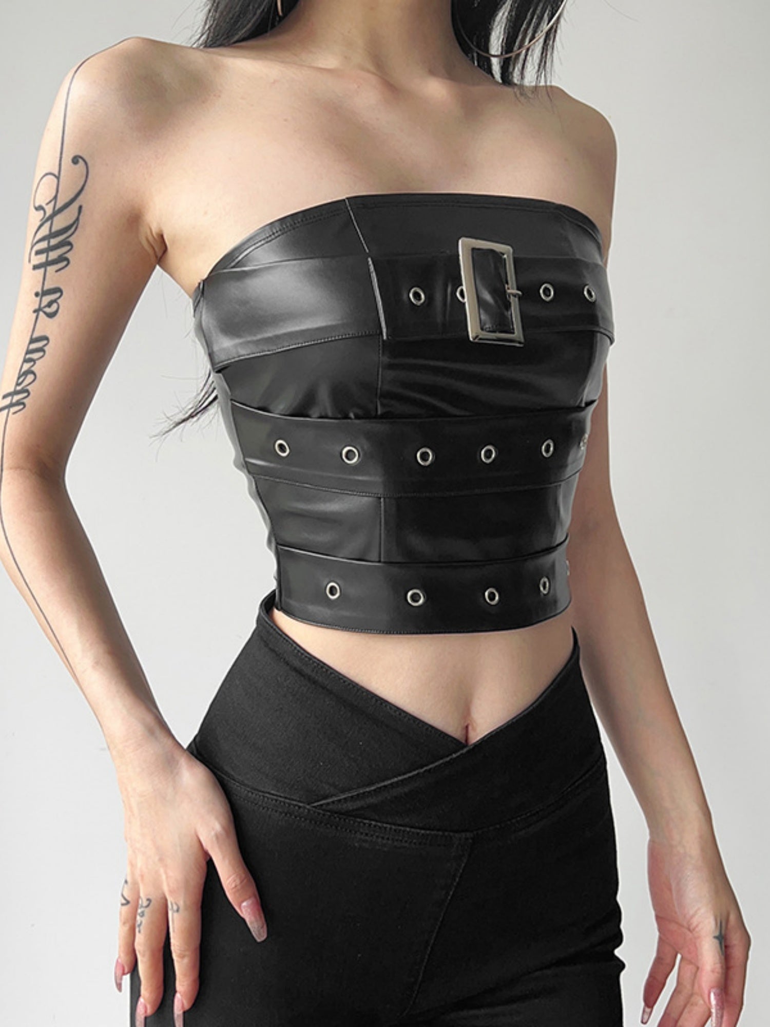 PU Leather Metal Buckle Decoration Strapless Vest