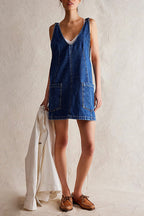 Deep V-Neck Patch Pocket Denim Pinafore Shift Mini Dress