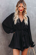 Pleated Deep V-Neck Button Front Tie Waist Lantern Sleeve Mini Dress