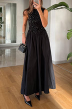 Crewneck Sleeveless Glitter Sequin Splice Maxi Dress