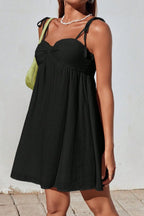 Tie Shoulder Sweetheart Gathered Bust Knot Detail Empire Waist Babydoll Mini Dress