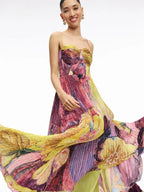 Bustier Cut Out Sweetheart Pleated Abstract Floral Maxi Dress