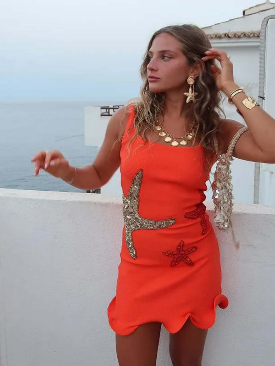 Starfish-themed Knitted Sleeveless Sexy Ruffled Vest Short Dress