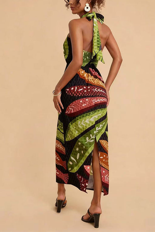 Halter Neck Backless Fish Print Maxi Dress