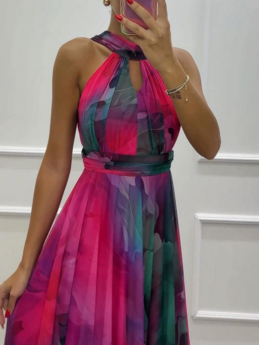 Mesh Printed Halter Formal Dress Maxi Dresses