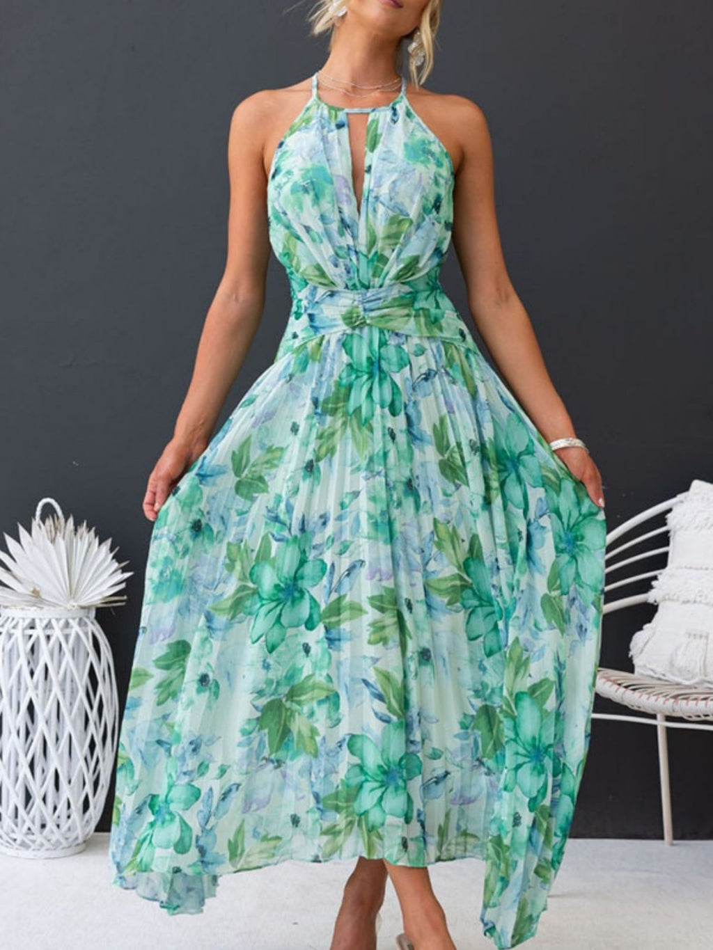 Printed Halter V-neck Sleeveless Maxi Dresses
