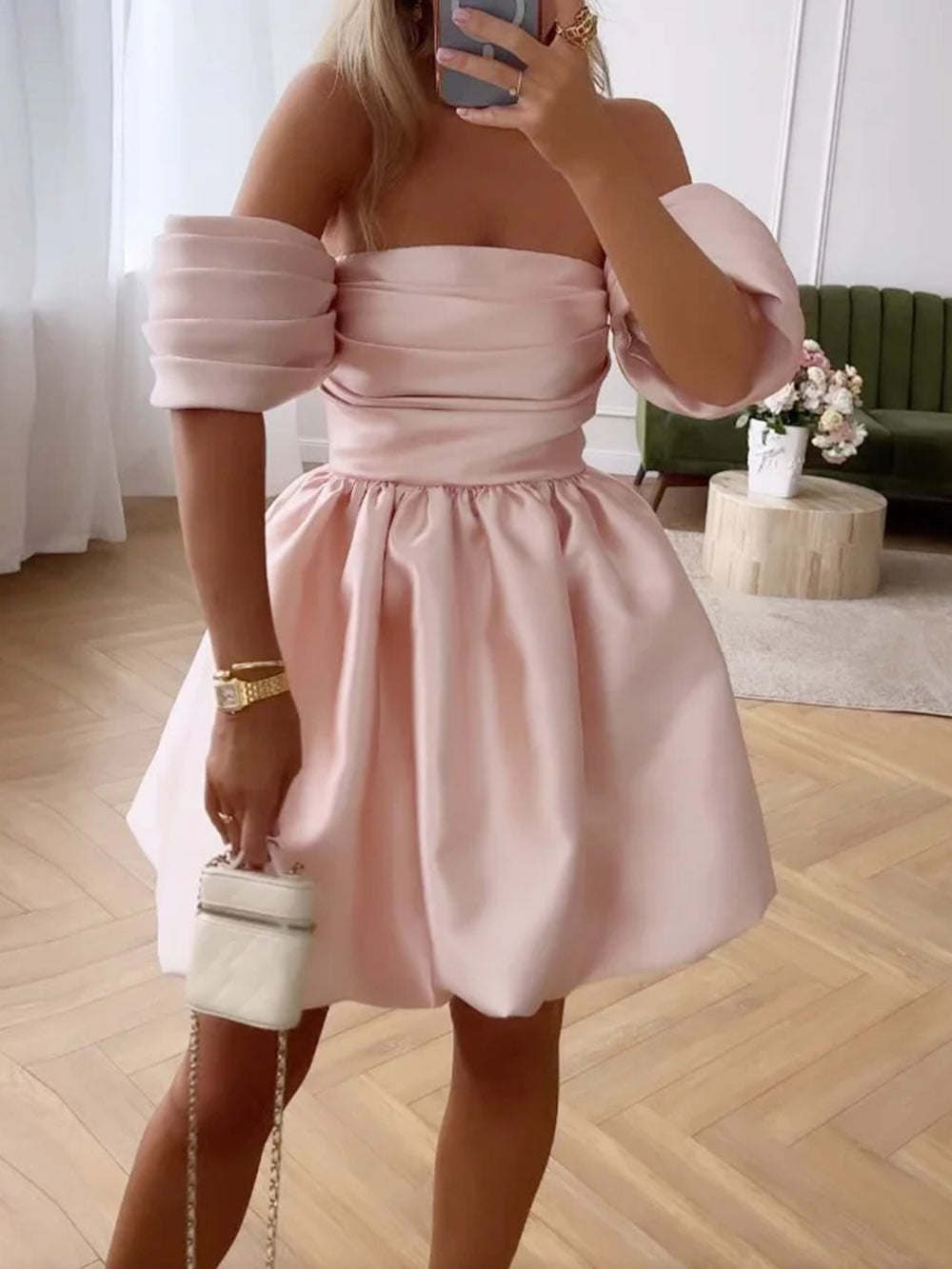 Off Shoulder Ruched Tiered Puff Sleeve Bubble Hem Satin Mini Dress