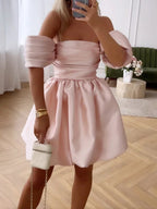 Off Shoulder Ruched Tiered Puff Sleeve Bubble Hem Satin Mini Dress