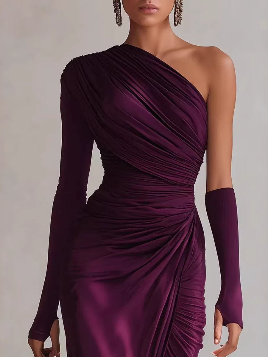 Asymmetrical Sloping Shoulders Long Sleeve Slit Grace Temperament Maxi Dresses