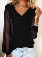 V-neck Mesh Rhinestones Velvet Long Sleeve T-shirts