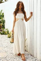 Square Neck Spaghetti Strap Waist Cut Out Gathered Bodice Maxi Dress