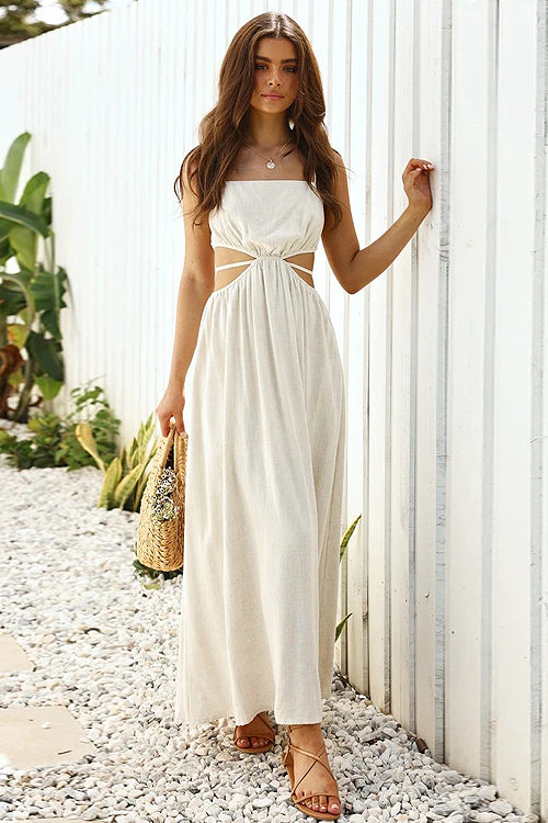 Square Neck Spaghetti Strap Waist Cut Out Gathered Bodice Maxi Dress