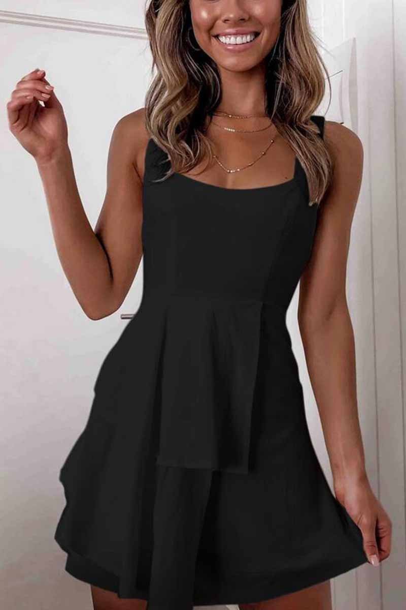 Square Neck Wide Strap Sleeveless Diagonal Tier Ruffle Mini Dress