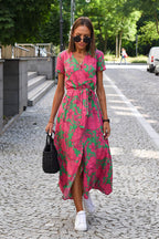 Short Sleeve V-Neck Floral Print Wrap Tie Waist Slit Maxi Dress