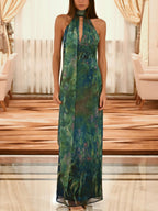 Halter Keyhole Criss Cross Waist Impressionist Print Plisse Maxi Gown