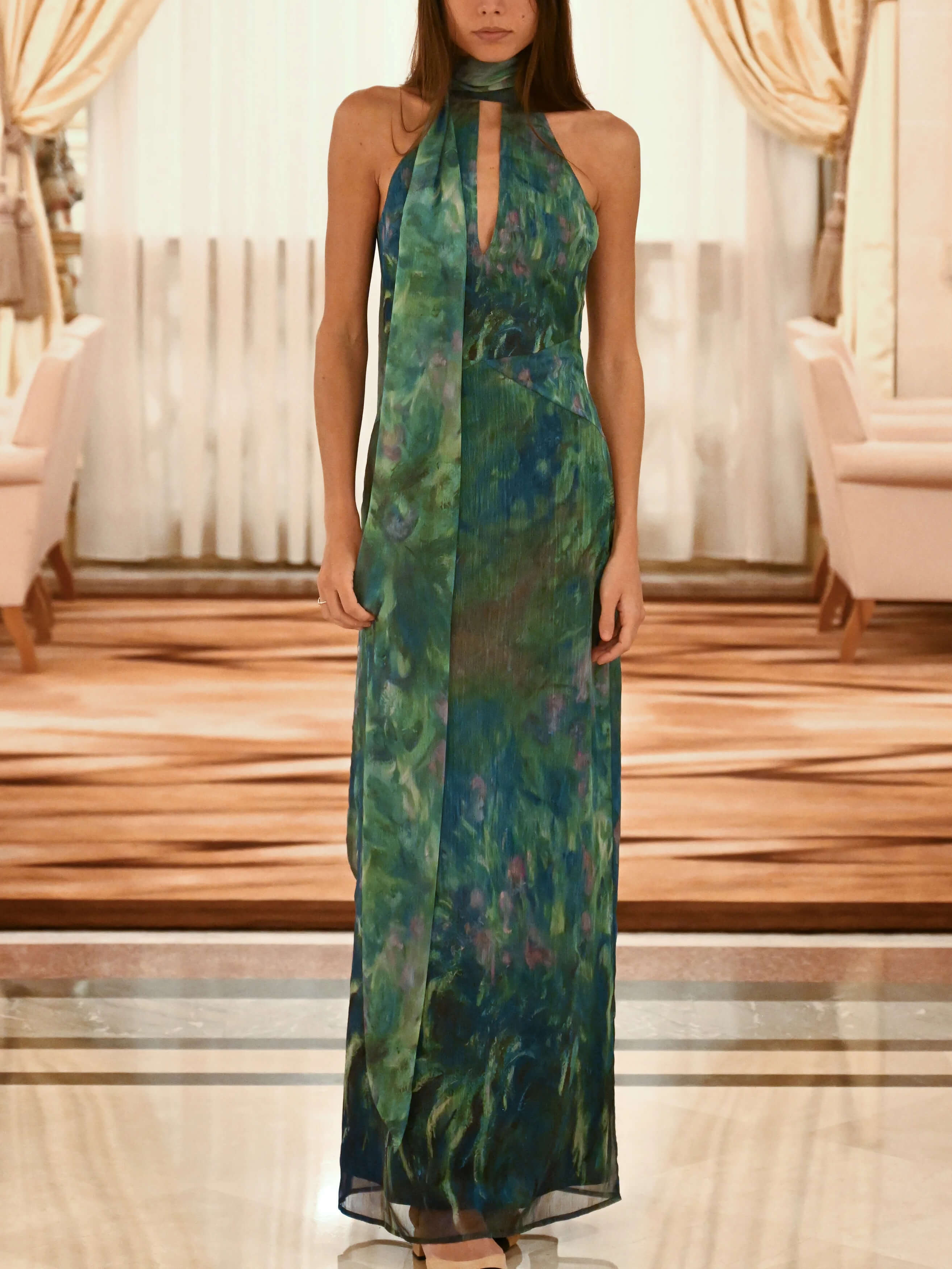 Halter Keyhole Criss Cross Waist Impressionist Print Plisse Maxi Gown