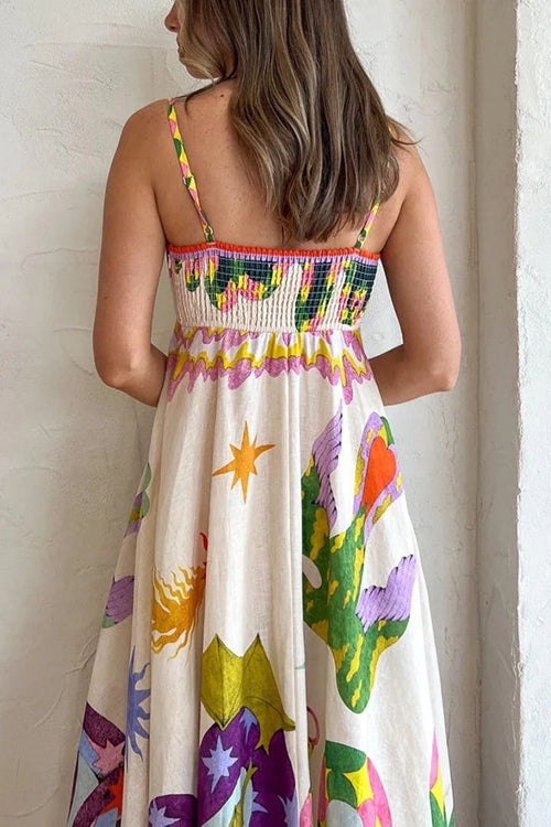 Spaghetti Strap Square Neck Illustrative Print Empire Waist Midi Dress