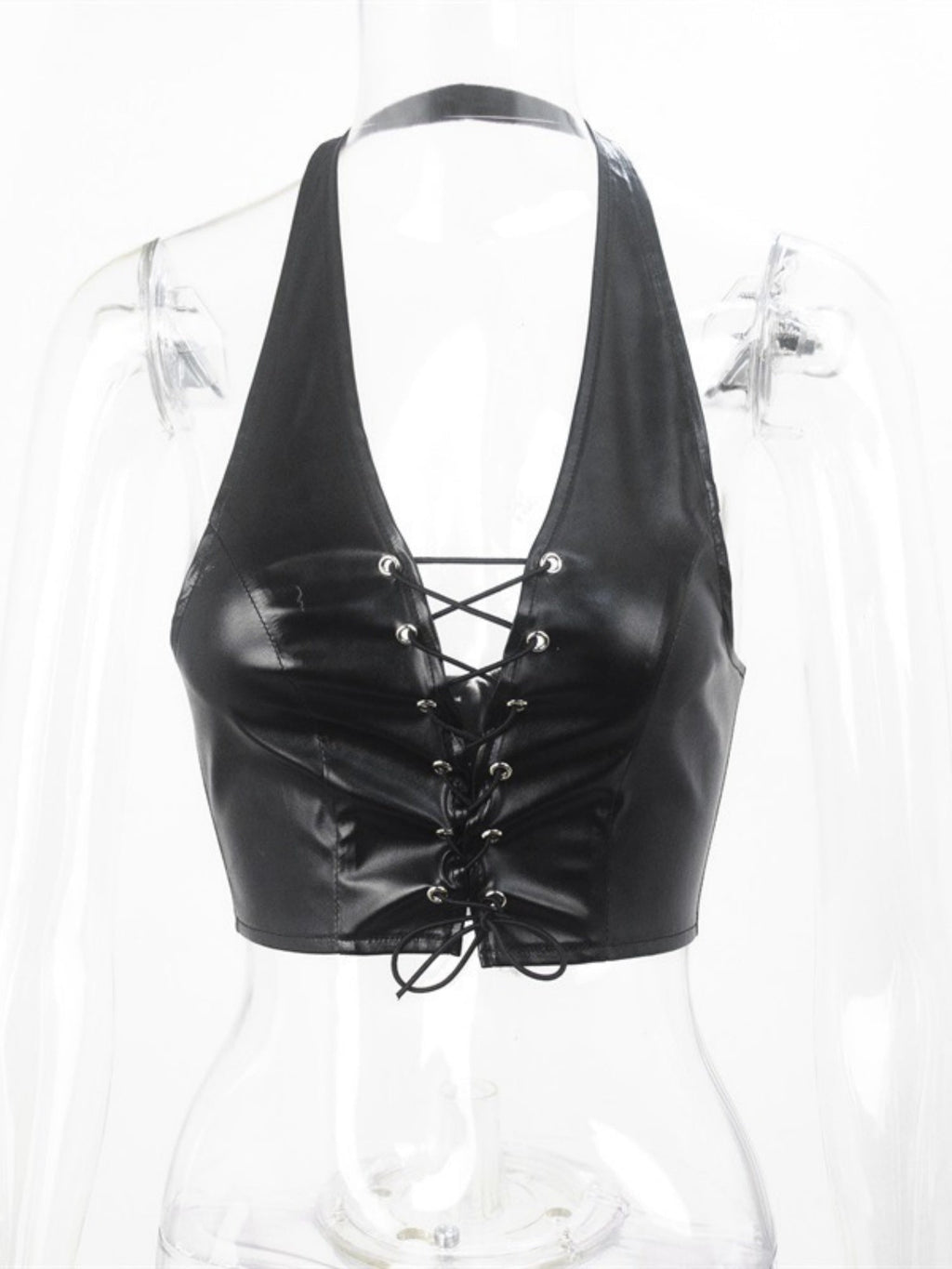 PU Leather Straps Halter Neck And Backless Tank Tops