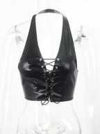 PU Leather Straps Halter Neck And Backless Tank Tops