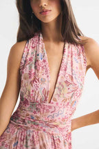 Halter V Neck Floral Print Maxi Dress