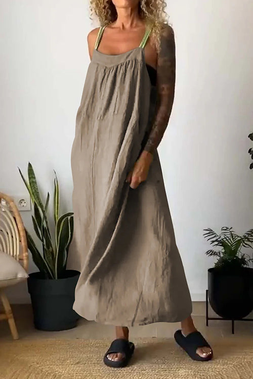 Color Block Casual Cotton Linen Maxi Beach Dress