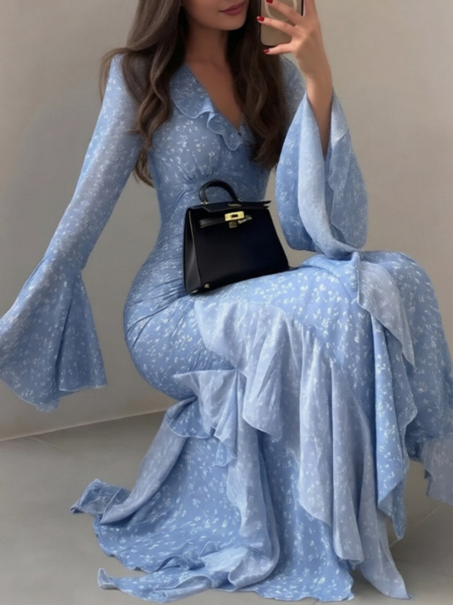 V-neck Ruffle Floral Print Irregular Hem Vacation Midi Dresses