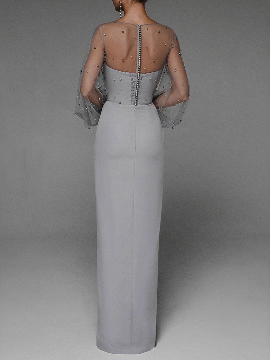 Pearl Mesh-paneled Sleeves Tube Top Maxi Dresses