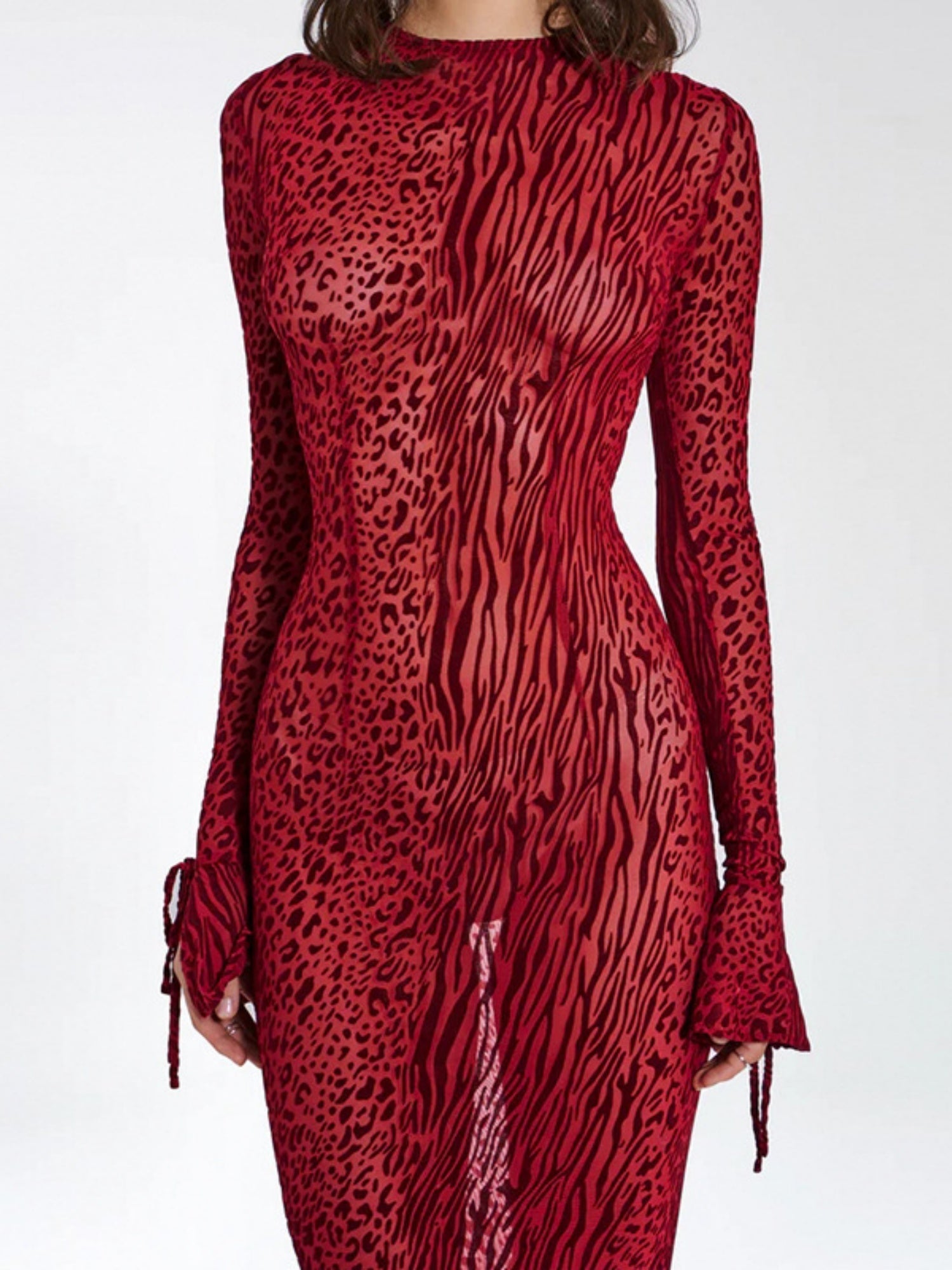 Leopard Print Backless Round Neck Long Sleeve Fish Tail Maxi Dresses