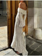Off-the-shoulder, Fitted Waist, Lace Flared Sleeve Long Dress