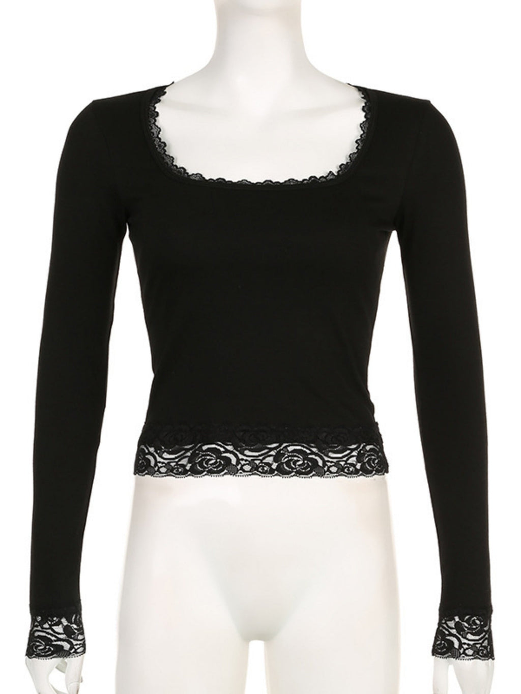 Lace Trim U-neck Long Sleeve Slimming Crop Top