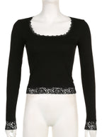 Lace Trim U-neck Long Sleeve Slimming Crop Top