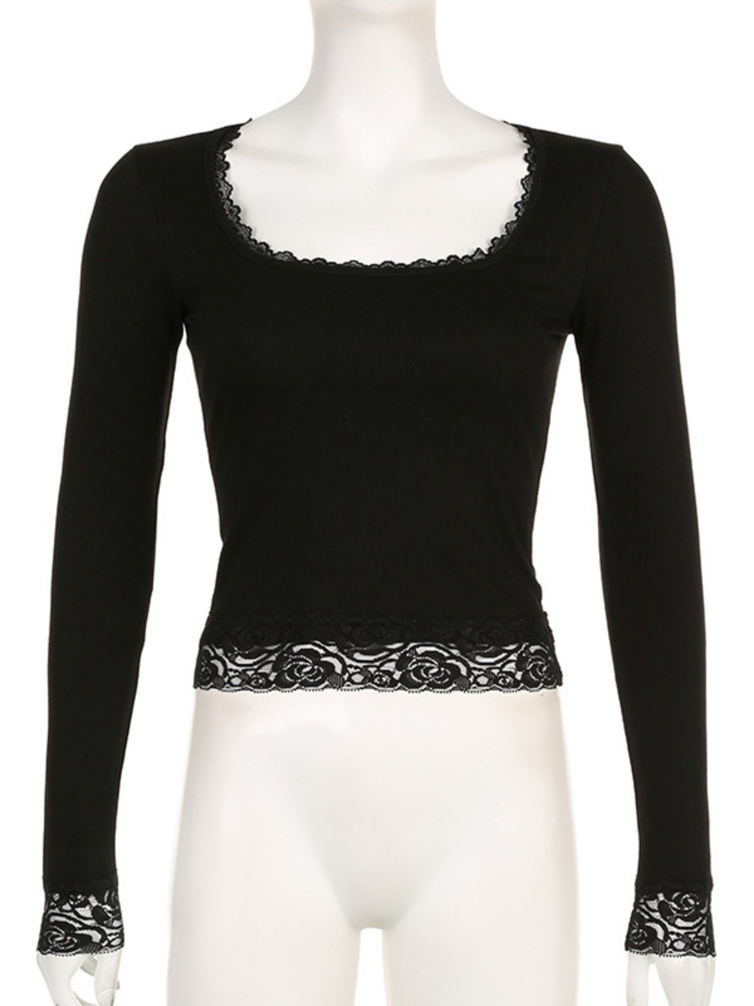 Lace Trim U-neck Long Sleeve Slimming Crop Top