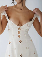 Floral Eyelet Keyhole Scoop Neck Cap Sleeve Trumpet Midi Dress