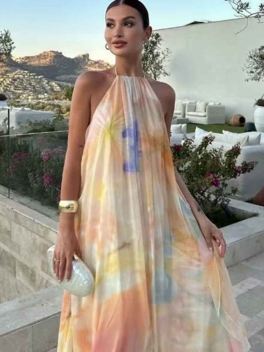 Halter Neck Elegant Off-shoulder Double-layered Loose Long Dress