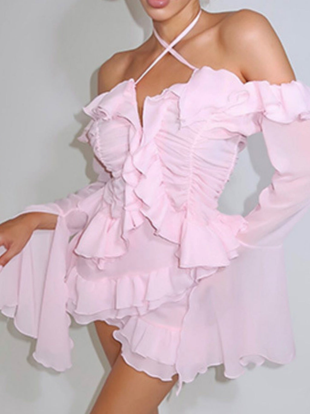 Ruffle Neck Strap Off-shoulder Long-sleeved Top And Skirt Sweet 2-piece Sets