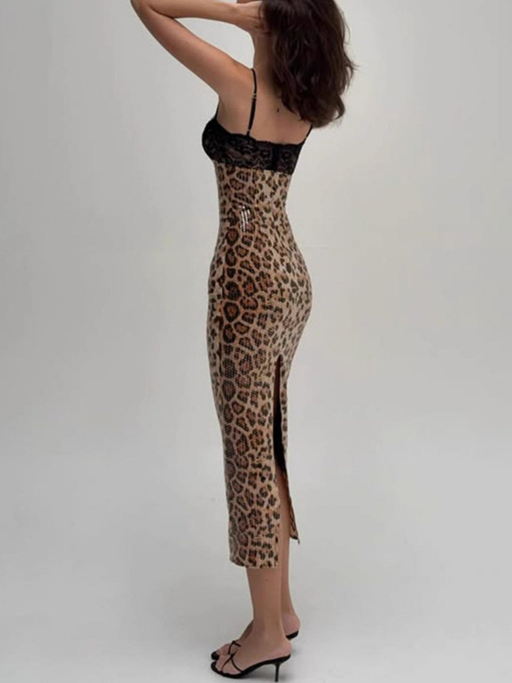 Leopard Print Sequins Lace Patchwork Slim Fit Spaghetti Strap Maxi Dresses