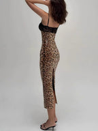 Leopard Print Sequins Lace Patchwork Slim Fit Spaghetti Strap Maxi Dresses