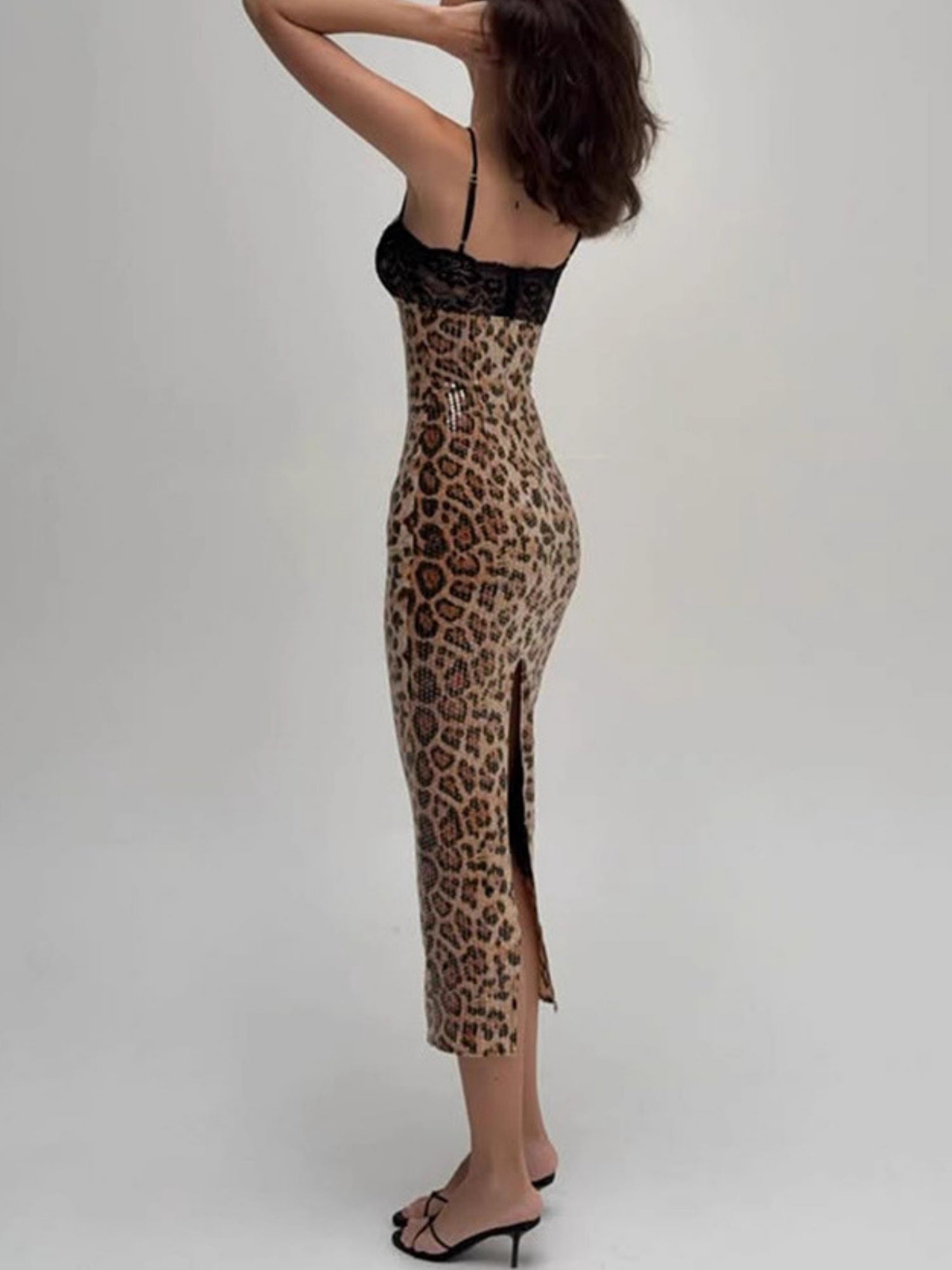 Leopard Print Sequins Lace Patchwork Slim Fit Spaghetti Strap Maxi Dresses