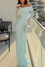Off Shoulder Long Sleeves Knot Waist Draped Maxi Dress