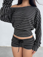 Striped Color Blocking Off-shoulder Long-sleeved T-shirt Slim-fit Shorts 2-piece Sets