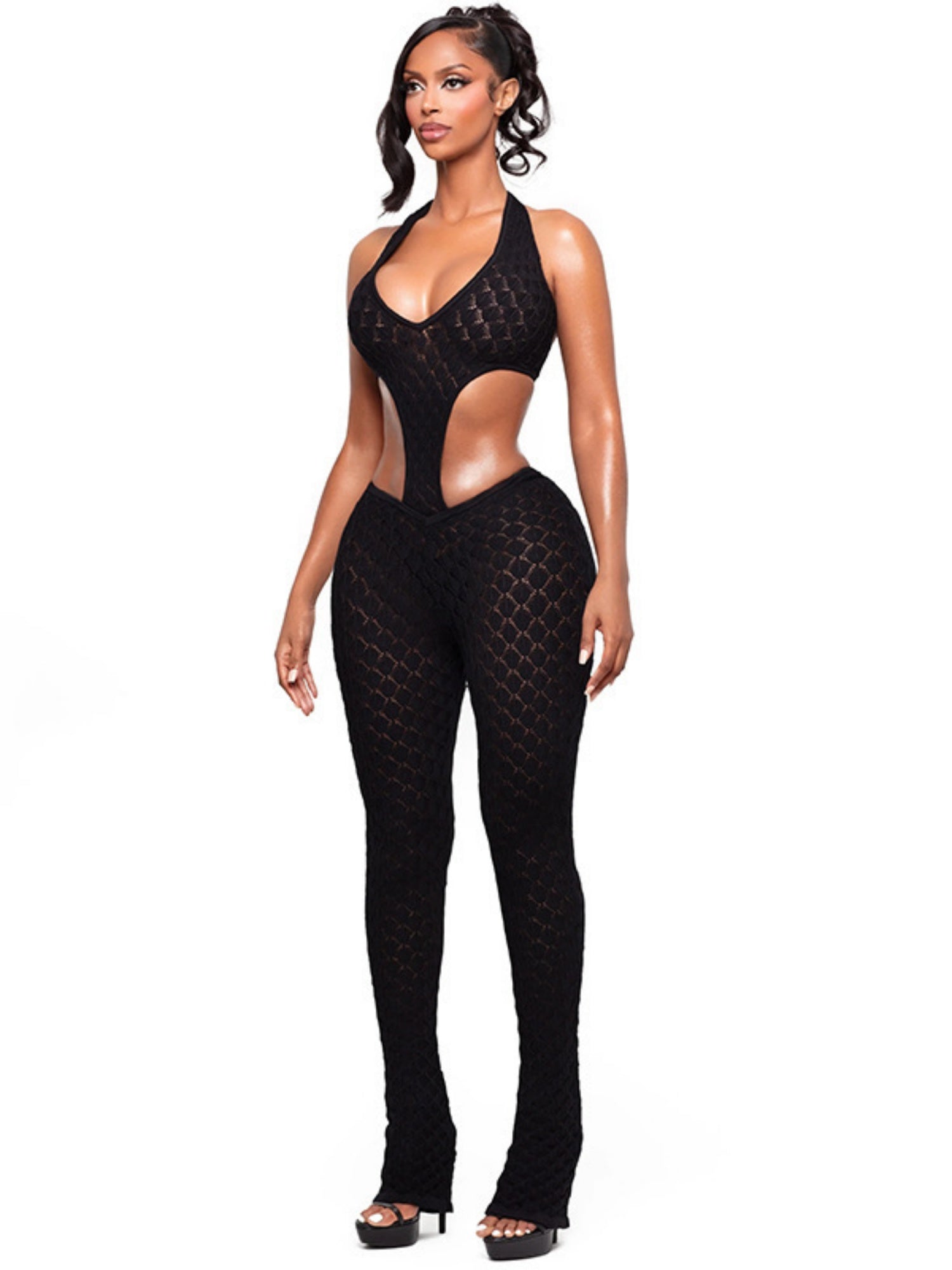 Hollowed-out Perspective Slimming Knitting Deep V Jumpsuits