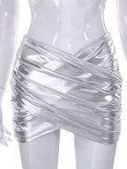 PVC Glossy Patent Leather Cross Pleats Sexy Short Skirt