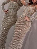 Mid-waisted, Elegant, Sequined, Gold-flecked, Fitted Long Dress For Commuting.