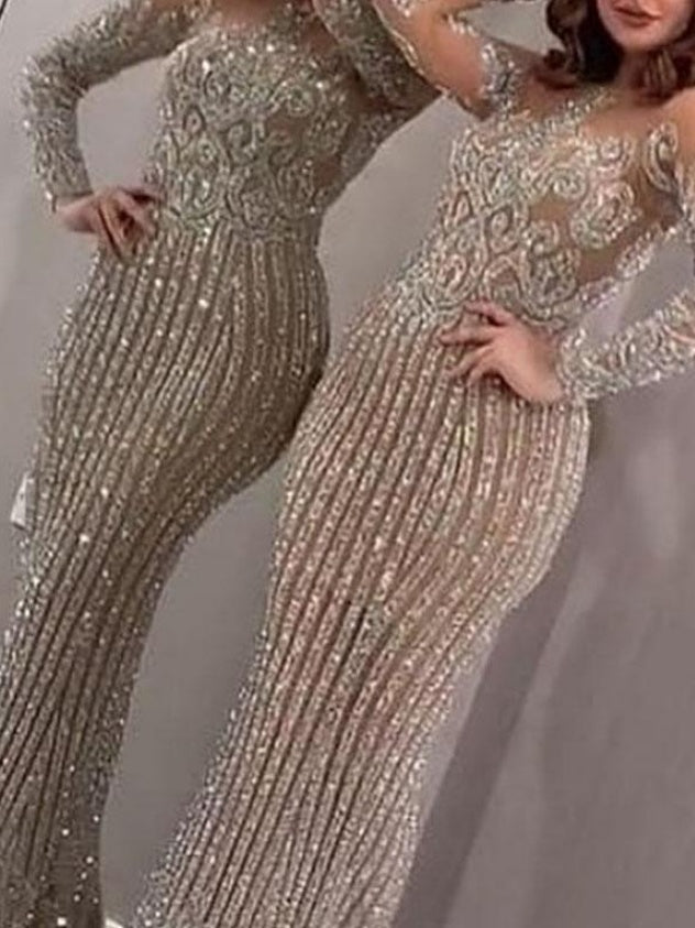 Mid-waisted, Elegant, Sequined, Gold-flecked, Fitted Long Dress For Commuting.