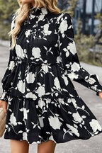 Smocked Mock Neck Balloon Sleeve Tiered Floral Print Mini Dress